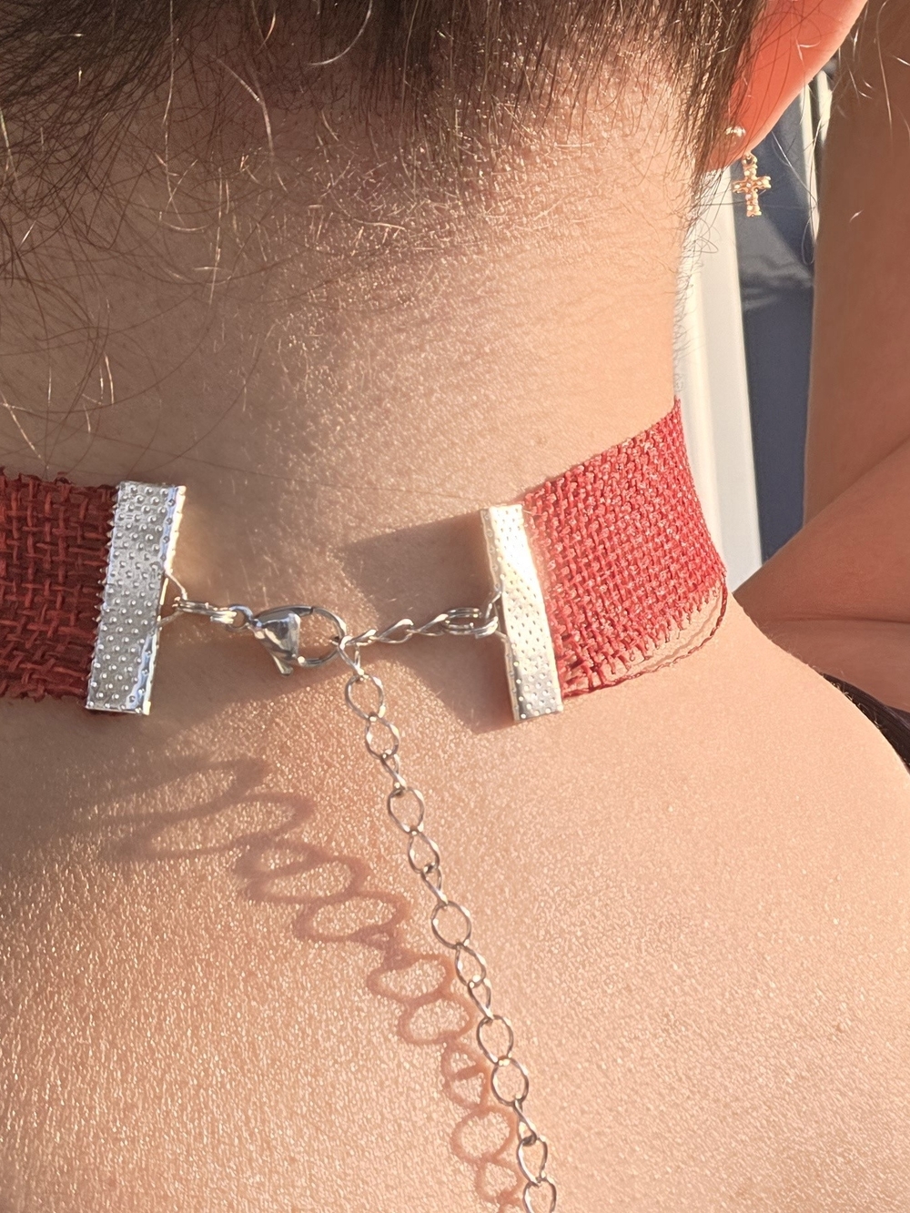 Red Fabric Choker Necklace with Silver Chain